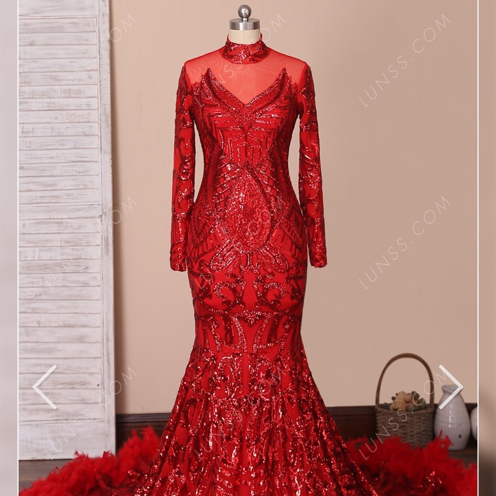 Red sequin & feather prom dress